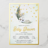 セージグリーンボホフローラムーンスターズ赤ちゃんシャワー金ゴールド 箔招待状 (正面)