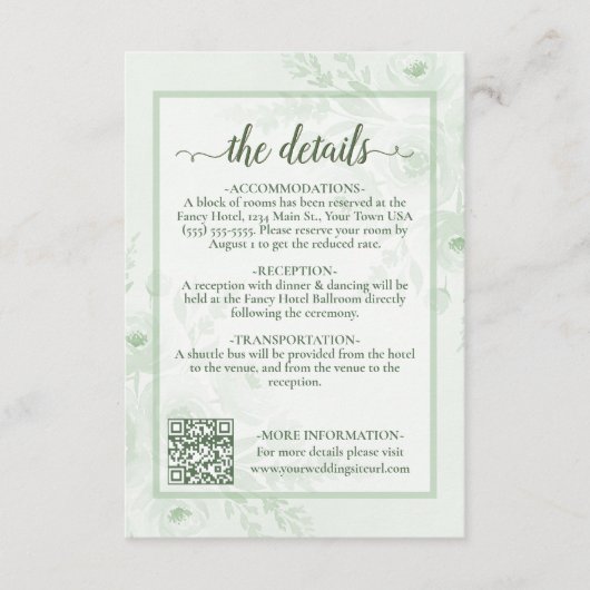 セージグリーンボホペオニーの結婚式詳細QRコード エンクロージャーカード (正面)