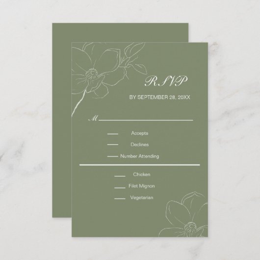 セージグリーンボホホワイトフローラボタニカル結婚ズ 出欠カード (正面/裏面)