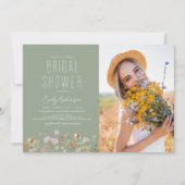 セージグリーンボホワイルドフラワーブライダルシャワー写真 招待状 (正面)
