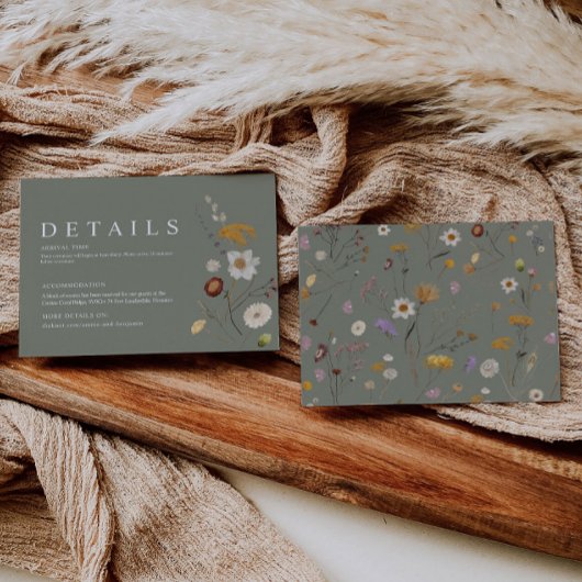 セージグリーンボホワイルドフラワー結婚式詳細カード エンクロージャーカード