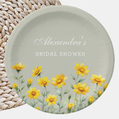 セージグリーンボホーイエローワイルドフラワーブライダルシャワー ペーパープレート