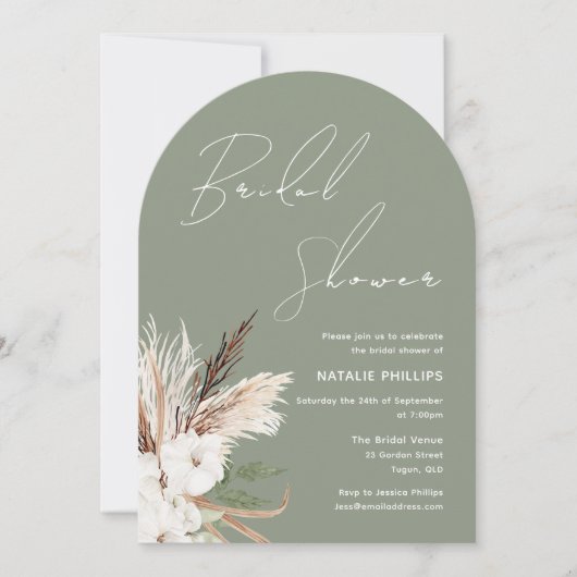 セージグリーンボーホアーチホワイトフローラブライダルシャワー 招待状 (正面)