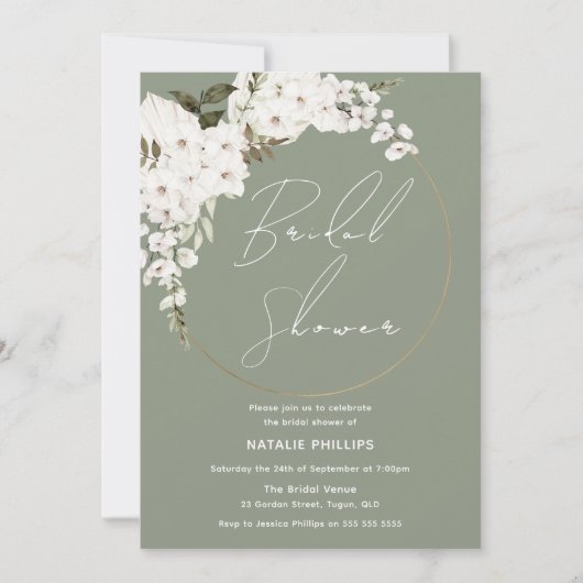 セージグリーンボーホホワイトフローラリースブライダルシャワー 招待状 (正面)