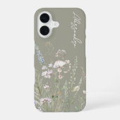 セージグリーンボーホー水彩ワイルドフラワーズ iPhone 16ケース (裏面)