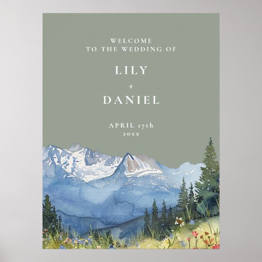セージグリーンマウンテン結婚フローラのウェルカムサイン ポスター (正面)