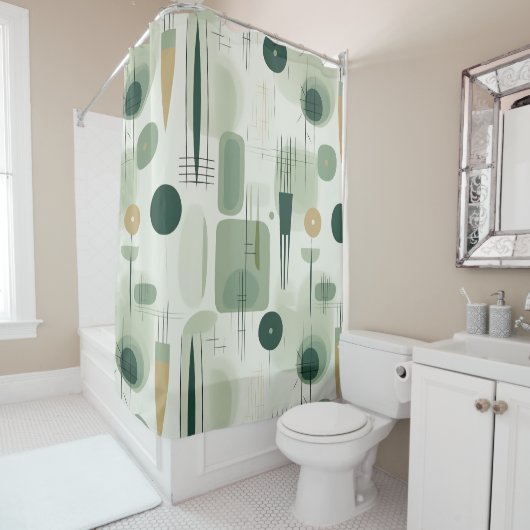 セージグリーンミッドセンチュリーモダン抽象芸術 シャワーカーテン (インサイチュ)