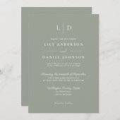 セージグリーンミニマリストのモノグラム結婚を一つにまとめる 招待状 (正面/裏面)