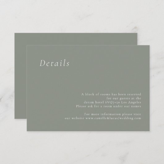 セージグリーンミニマリストエレガントなウェディング詳細カード 出欠カード (正面/裏面)