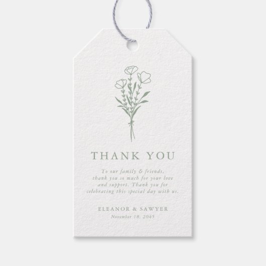 セージグリーンミニマリストフローラ結婚ブーケ ギフトタグ (正面)