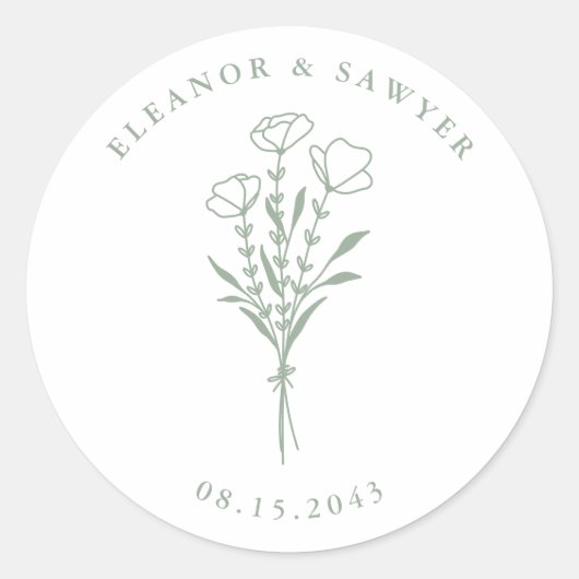 セージグリーンミニマリストフローラ結婚ブーケ ラウンドシール (正面)