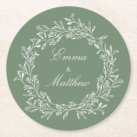 セージグリーンミニマリストボホフローラガーデン ラウンドペーパーコースター (正面)