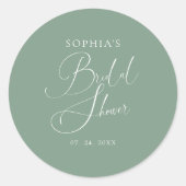 セージグリーンミニマリスト書道ブライダルシャワー ラウンドシール (正面)