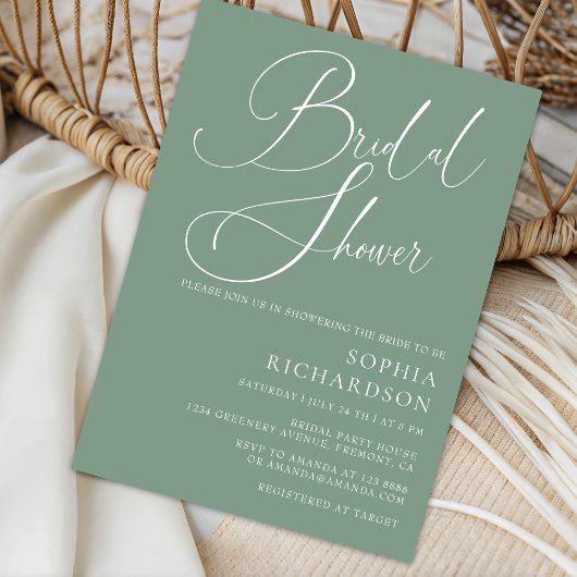 セージグリーンミニマリスト書道ブライダルシャワー 招待状