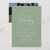 セージグリーンミニマリスト男女兼用ベビーシャワー 招待状 (正面/裏面)