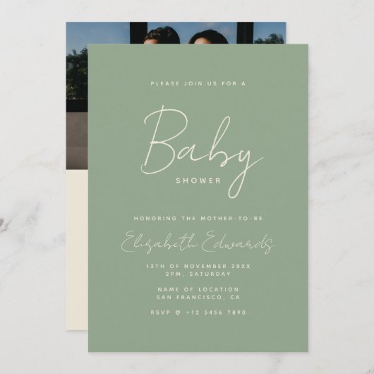 セージグリーンミニマリスト男女兼用ベビーシャワー 招待状 (正面/裏面)