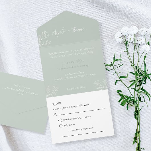 セージグリーンミニマリスト結婚式招待状 オールインワン招待状
