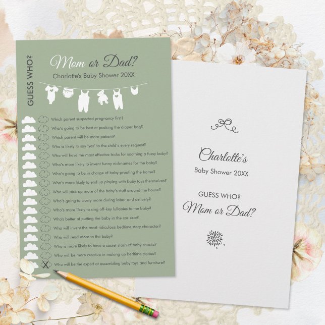 セージグリーンミニマリスト赤ちゃんシャワー誰がゲームを推測 (Sage Green Minimalist Baby Shower Guess Who Game ©Susanne Sachers - Sunny Mind 🌞)