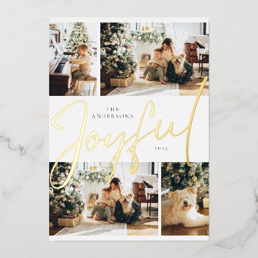 セージグリーンミニマリスト4枚の写真と楽しいクリスマス 箔シーズンカード (正面)