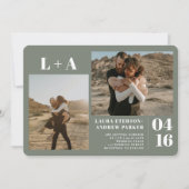 セージグリーンミニマルイニシャル2枚結婚の写真 招待状 (正面)