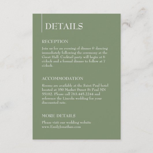 セージグリーンミニマル披露宴詳細とRsvp エンクロージャーカード (正面)