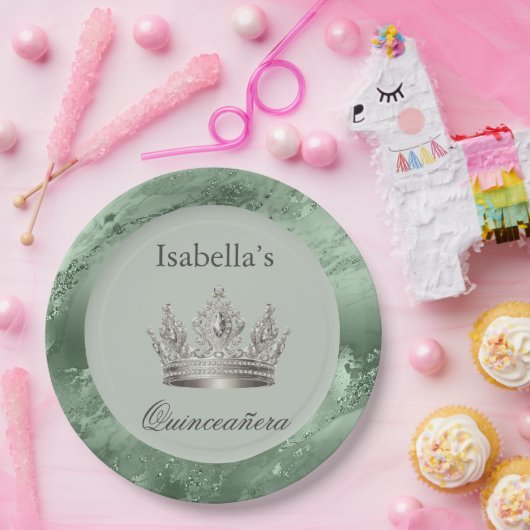 セージグリーンメタリックシルバーティアラクラウンキンセアニラ ペーパープレート (パーティー)