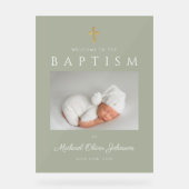 セージグリーンモダンクロスフォトボーイバプテスマ歓迎 アクリルサイン (正面)
