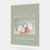 セージグリーンモダンクロスフォトボーイバプテスマ歓迎 アクリルサイン (傾斜)