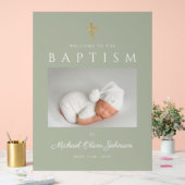 セージグリーンモダンクロスフォトボーイバプテスマ歓迎 アクリルサイン (ウェディング)