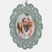 セージグリーンモダンスノーフレークHappy Holidays写真 オーナメントカード (左)
