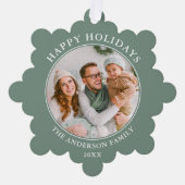 セージグリーンモダンハッピーホリデーズフォト オーナメントカード (正面)