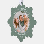 セージグリーンモダンハッピーホリデーズフォト オーナメントカード (左)