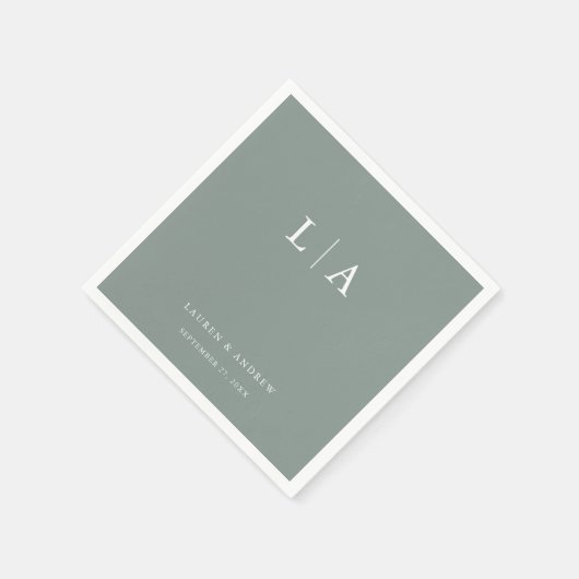 セージグリーンモノグラムエレガントシンプルズ結婚ナプキン スタンダードカクテルナプキン (角)