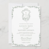 セージグリーンモノグラムフローラクレスト結婚ズ 招待状 (正面)