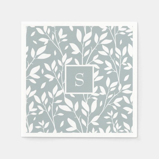 セージグリーンモノグラムフローラコテージパターン スタンダードカクテルナプキン (正面)