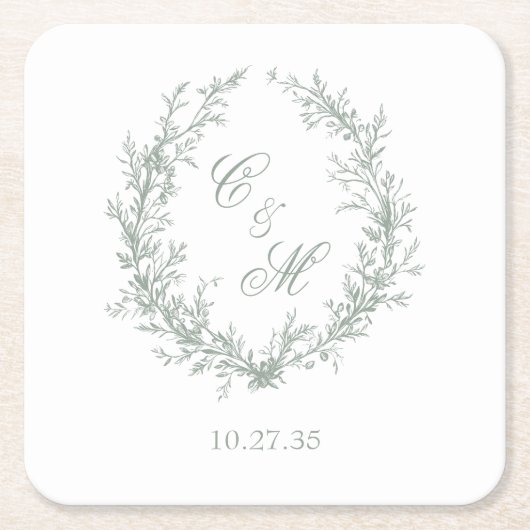 セージグリーンモノグラムボタニカルリース結婚ズ スクエアペーパーコースター (正面)