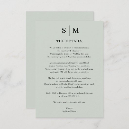 セージグリーンモノグラムミニマ結婚リストの詳細 エンクロージャーカード (正面/裏面)