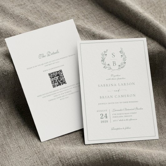 セージグリーンモノグラムリースQRコード結婚ズ 招待状