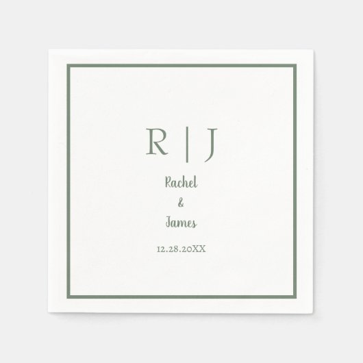 セージグリーンモノグラム名エレガミニマルントウェディング スタンダードカクテルナプキン (正面)