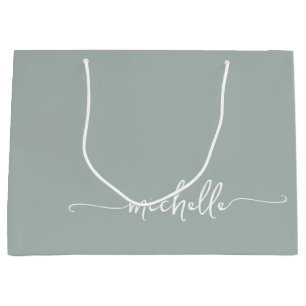 セージグリーンモノグラム名前スクリプトカリグラフィー ラージペーパーバッグ