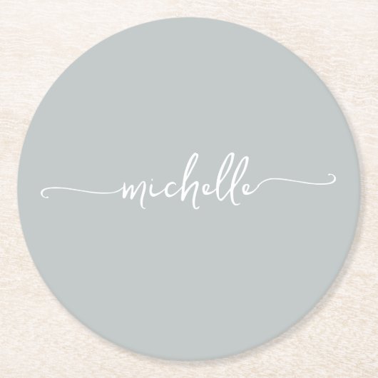セージグリーンモノグラム名前スクリプト署名 ラウンドペーパーコースター (正面)