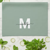 セージグリーンモノグラム名前 キッチンタオル (折り畳み)