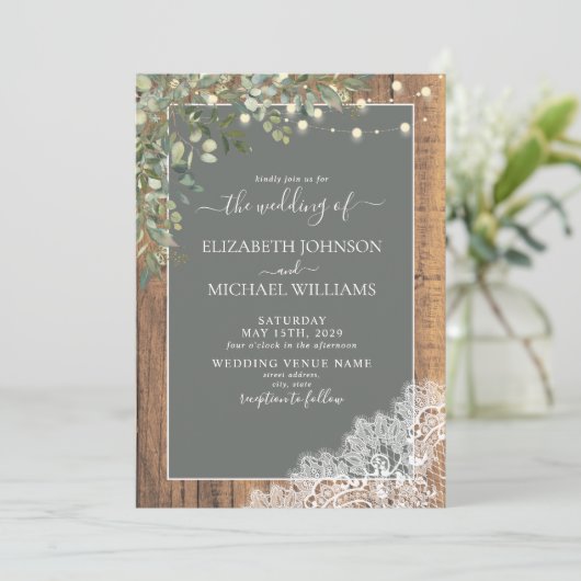 セージグリーンユーカリプトゥスウッドレーススクリプト結婚ズ 招待状 (スタンド正面)