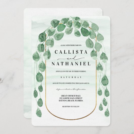 セージグリーンユーカリプトゥスガーランド金ゴールドオーバル結婚ズイン 招待状 (正面/裏面)
