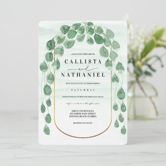セージグリーンユーカリプトゥスガーランド金ゴールドオーバル結婚ズイン 招待状 (スタンド正面)
