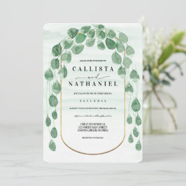 セージグリーンユーカリプトゥスガーランド金ゴールドオーバル結婚ズイン 招待状