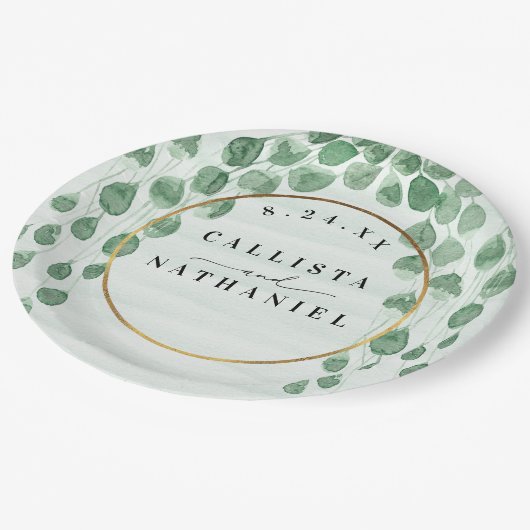 セージグリーンユーカリプトゥスガーランド金ゴールドオーバル結婚ズ ペーパープレート (アングル)