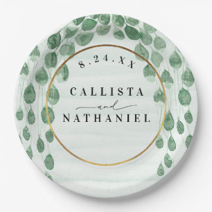 セージグリーンユーカリプトゥスガーランド金ゴールドオーバル結婚ズ ペーパープレート