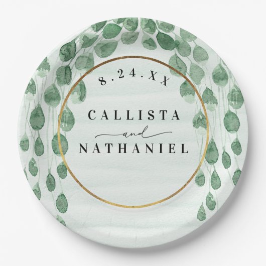 セージグリーンユーカリプトゥスガーランド金ゴールドオーバル結婚ズ ペーパープレート (正面)