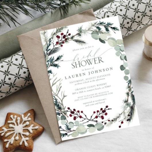 セージグリーンユーカリプトゥスグリーンリーベリーブライダルシャワー 招待状